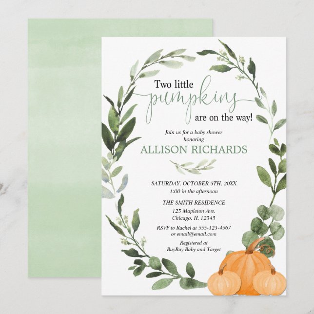 Twins fall two little pumpkins baby shower invitation (Front/Back)