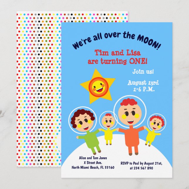 Twins first birthday astronauts party  invitation (Front/Back)