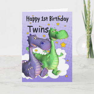 Twins First Birthday Card - Cute Dragons