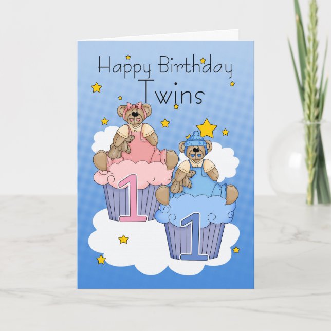 Twins First Birthday Card - Two Little Bears (Front)
