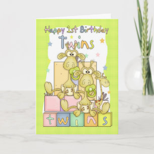 Twins First Birthday Card - Two Little Giraffs