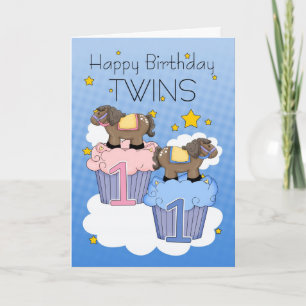 Twins First Birthday Card - Two Little Ponies