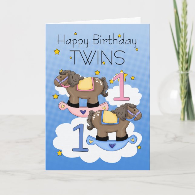 Twins First Birthday Card - Two Little Ponies (Front)