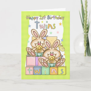 Twins First Birthday Card - Two Little Rabbits