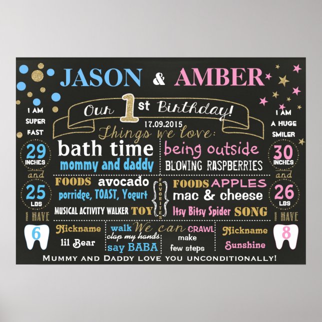 Twins first birthday chalkboard sign poster (Front)