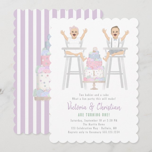 Twins First Birthday Smash Cake Invitation (Front/Back)