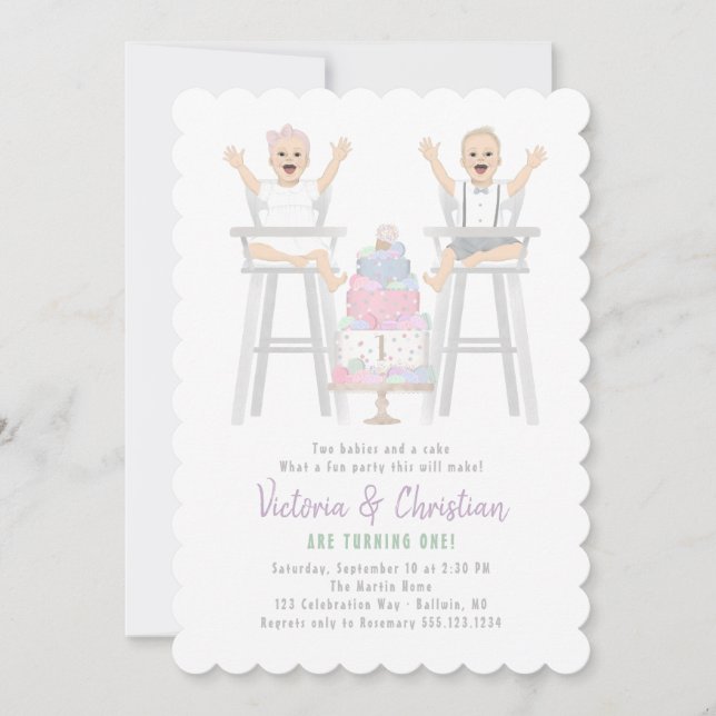 Twins First Birthday Smash Cake Invitation (Front)