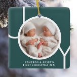 Twin's First Christmas Custom Photo Green Ceramic Ornament<br><div class="desc">This twin's cute keepsake Christmas photo ornament is decorated with the word JOY in white typography on a green background.
Easily customisable with your photo,  name,  and year</div>