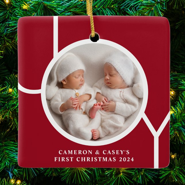 Twin's First Christmas Custom Photo Red Ceramic Ornament (Creator Uploaded)