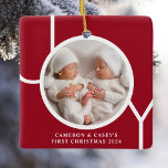 Twin's First Christmas Custom Photo Red  Ceramic Ornament<br><div class="desc">This twin's cute keepsake Christmas photo ornament is decorated with the word JOY in white typography on a red background.
Easily customisable with your photo,  name,  and year.</div>