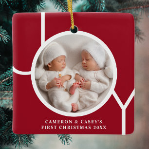 Twin's First Christmas Custom Photo Red  Ceramic Ornament