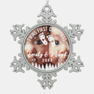 Twins First Christmas Photo Snowflake Pewter Christmas Ornament
