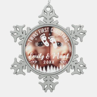 Twins First Christmas Photo Snowflake Pewter Christmas Ornament
