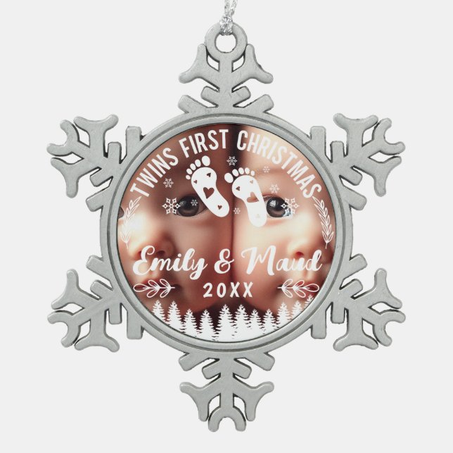Twins First Christmas Photo Snowflake Pewter Christmas Ornament (Front)