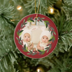 Twins First Christmas Watercolor Wreath Photo Red Ceramic Tree Decoration