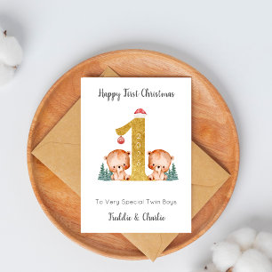 Twins First Christmas Woodland Bear Christmas Card