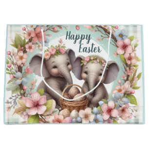 Twins First Easter Party Two Baby Elephants Large Gift Bag