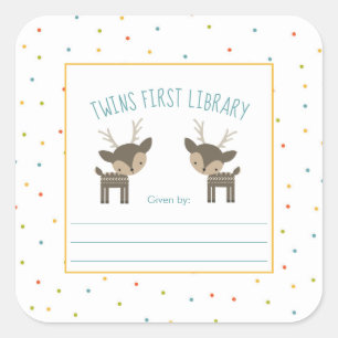 Twins first library, twin deer, woodland animal square sticker