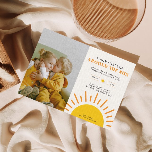 TWINS First trip around the Sun 1st birthday Photo Invitation (Creator Uploaded)