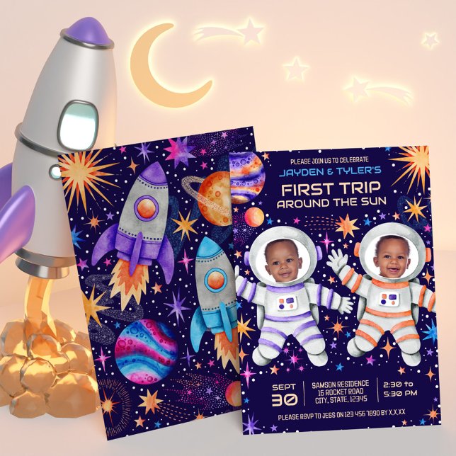 Twins First Trip Around the Sun Astronaut Photo  Invitation (Twins First Trip Around the Sun Astronaut Photo Invitation)