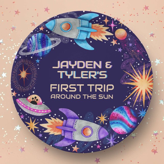 Twins First Trip Around the Sun Rocket Outer Space Paper Plate (Twins First Trip Around the Sun Rocket Outer Space Paper Plates)