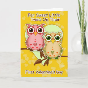 Twins First Valentine's Day Little Patchwork Owls Holiday Card