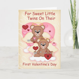 Twins First Valentine's Day With Little Angel Bear Holiday Card