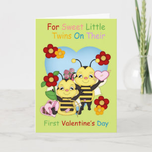 Twins First Valentine's Day With Little Bees Holiday Card