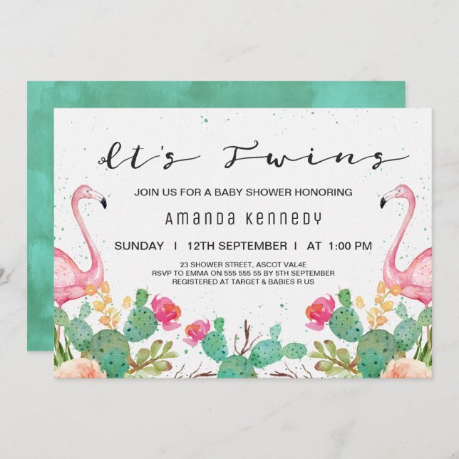 Twins Flamingo Cactus Baby Shower Invitation (Front/Back)