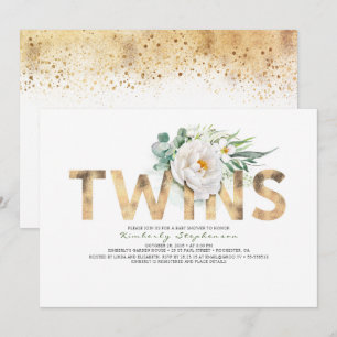 Twins Floral Gold Typography Baby Shower Invitation