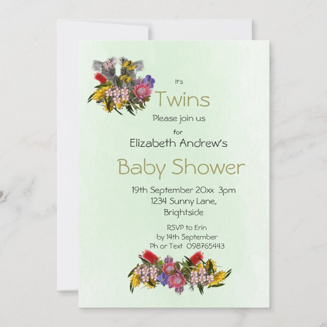Twins Floral Wild Koalas Baby Shower Invitation (Front)