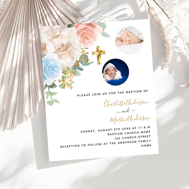 Twins florals photo budget baptism invitation (Creator Uploaded)