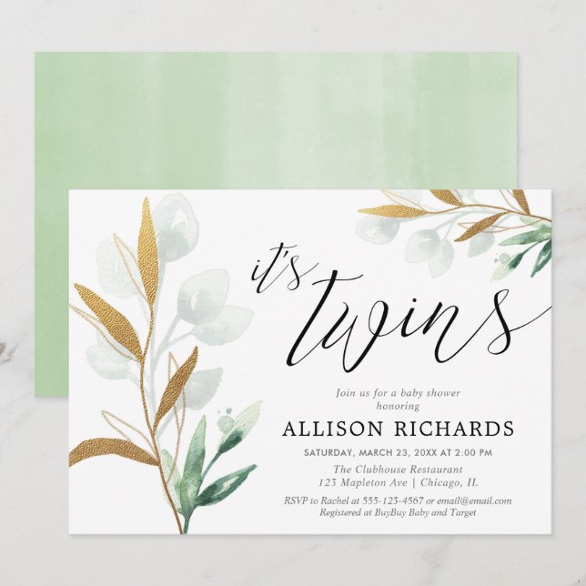 Twins gender neutral greenery gold baby shower invitation (Front/Back)