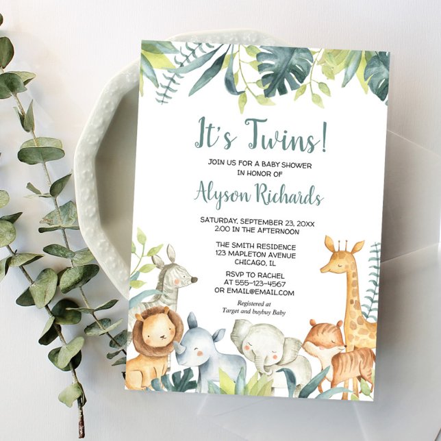 Twins gender neutral safari animals baby shower invitation (Creator Uploaded)