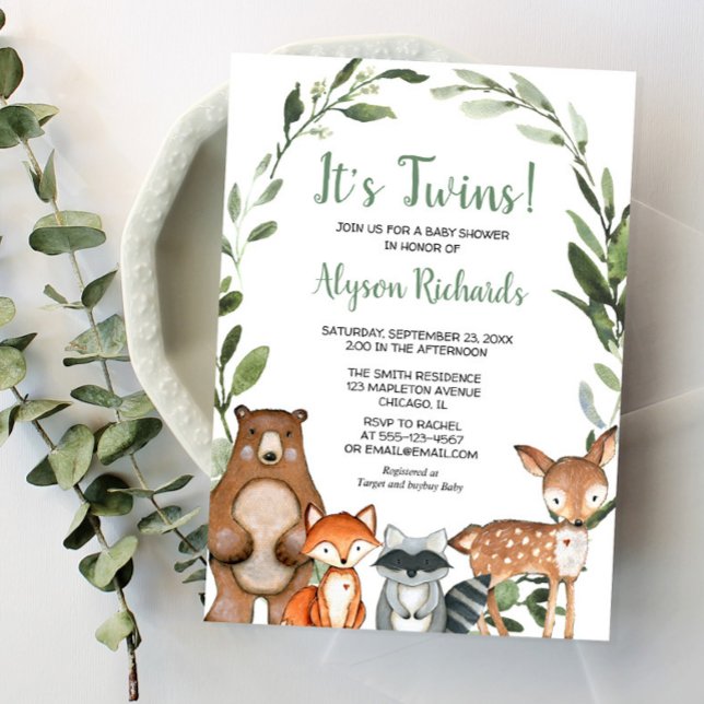 Twins gender neutral woodland greenery baby shower invitation (Creator Uploaded)