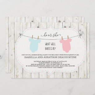 Twins Gender Reveal Invitation  Rustic Clothesline