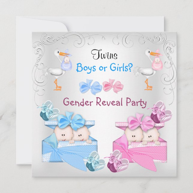 Twins Gender Reveal Party Boys Girls Blue Pink Invitation (Front)