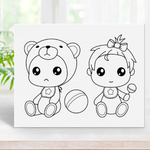 Twins Girl Bear Baby Jumpsuit Colouring Page Poster