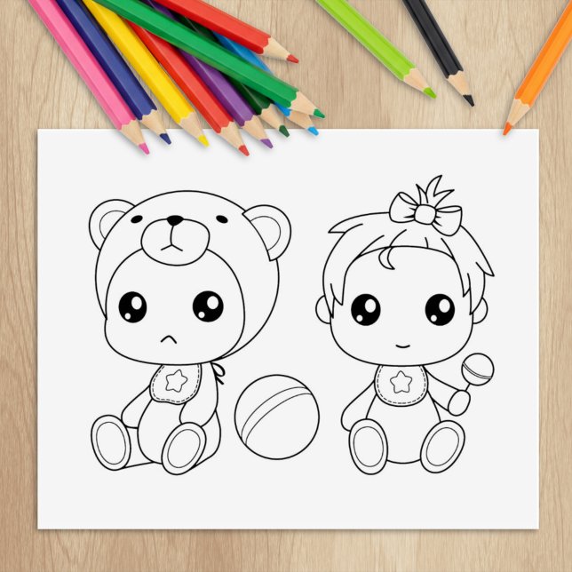 Twins Girl Bear Baby Jumpsuit Colouring Page Rubber Stamp (Creator Uploaded)