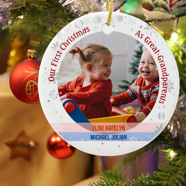 Twins Girl Boy 1st Xmas Great-Grandparents Photos Ceramic Tree Decoration (Our First Christmas as Great-Greatparents of Twin Girl and Boy. Snowflakes. Cute Swaddled Babies)