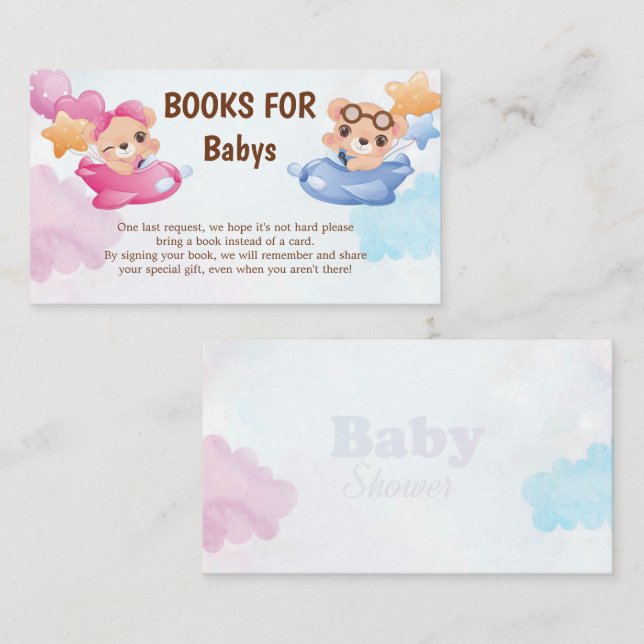 Twins Girl Boy Bear Aeroplane Baby Shower Enclosure Card (Front/Back)