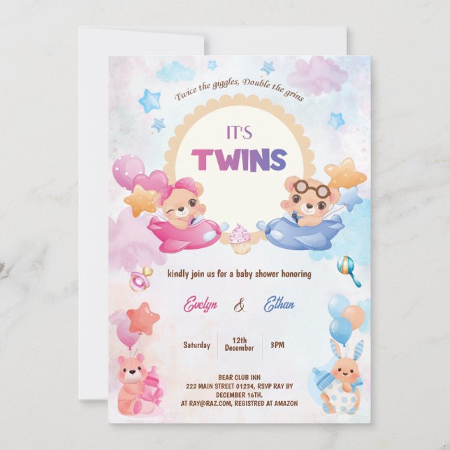 Twins Girl Boy Bear Aeroplane Baby Shower Invitation (Front)