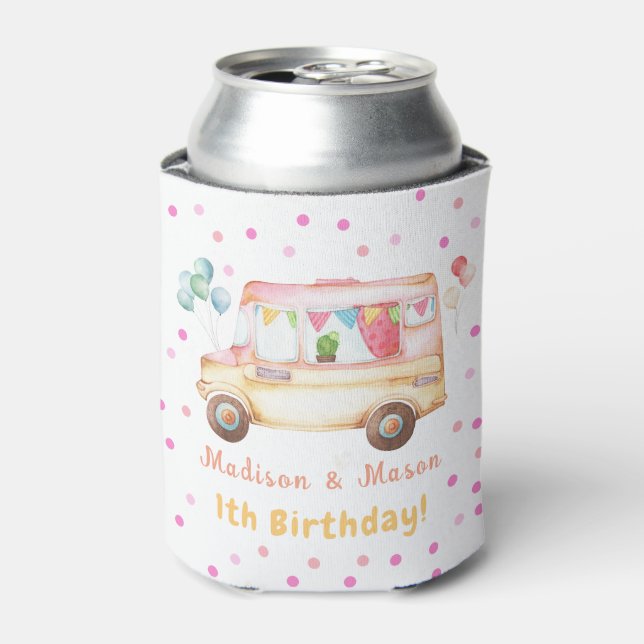 Twins Girl & Boy Happy Camper Birthday Can Cooler (Can Front)
