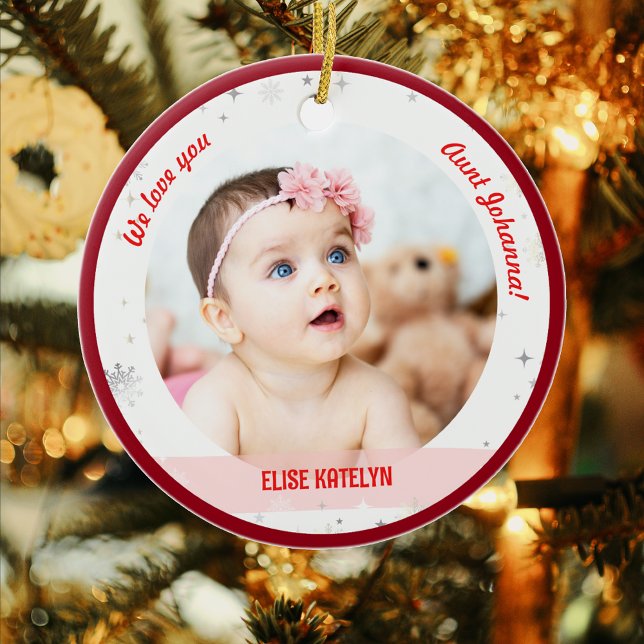 Twins Girl Boy Photos Aunt First Christmas Baby Ceramic Tree Decoration (Cute Modern Elegant Personalized First Christmas We love you Auntie Twin Babies Girl Boy 2 Photos)