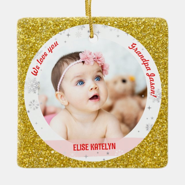 Twins Girl Boy Photos Grandpa First Christmas Baby Ceramic Ornament (Front)