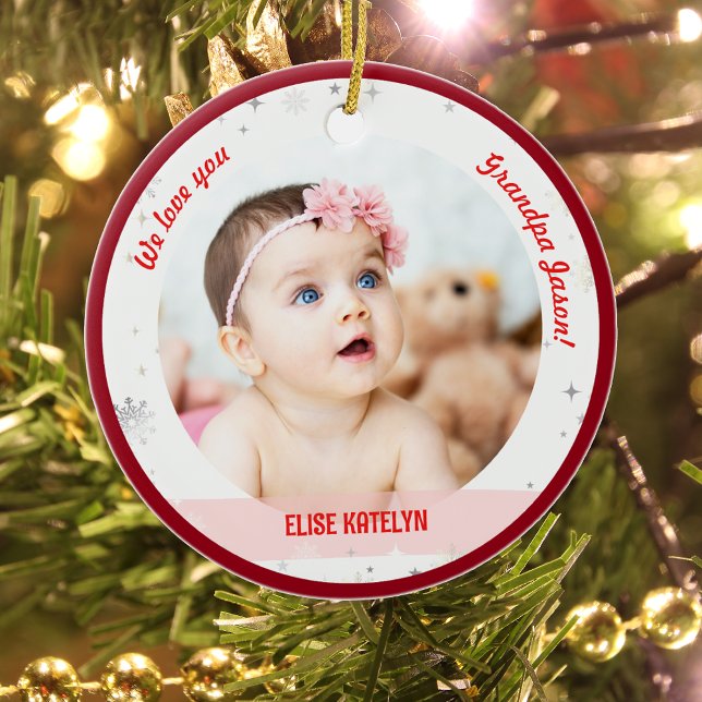 Twins Girl Boy Photos Grandpa First Christmas Baby Ceramic Tree Decoration (Cute Modern Elegant Personalized First Christmas We love you Grandpa Twin Babies Girl Boy 2 Photos)