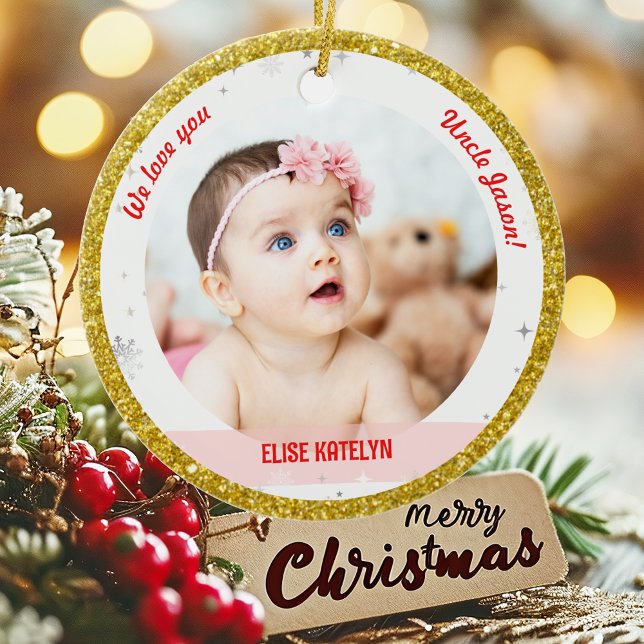 Twins Girl Boy Photos Uncle First Christmas Baby Ceramic Tree Decoration (Modern Elegant Cute We love you, Uncle! First Christmas Twins Girl Boy 2 Photos Golden Faux Glitter)