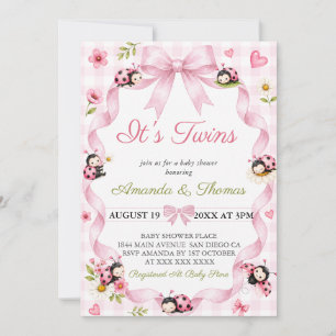 Twins Girl LadyBug Pink Baby Shower Invitation