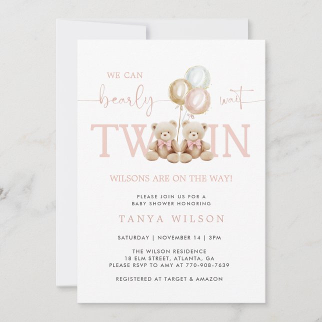 Twins Girl Teddy Bear Bearly Wait Baby Shower Invitation (Front)