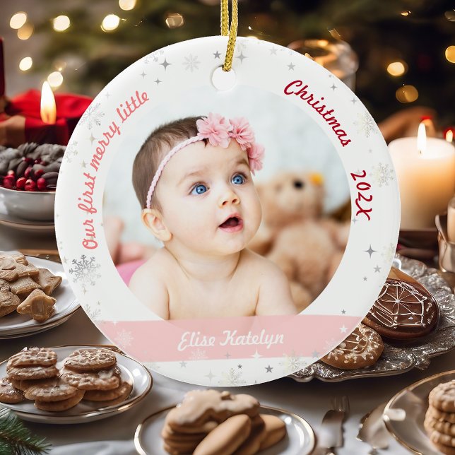 Twins Girls 2 Photos First Merry Little Christmas Ceramic Tree Decoration (Modern Elegant Cute Our First Merry Little Christmas Twins Baby Girls 2 Photos Snowflakes Stars Pink)